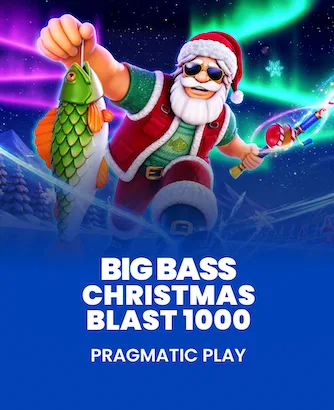 Santa Claus fishing for a green bass in the Big Bass Christmas Blast 1000 slot game by Pragmatic Play, set against a vibrant northern lights background.
