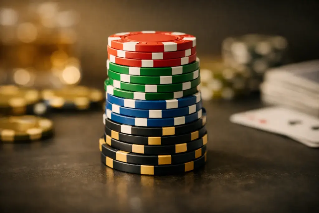 Chồng chip poker nhiều màu trên mặt bàn tối