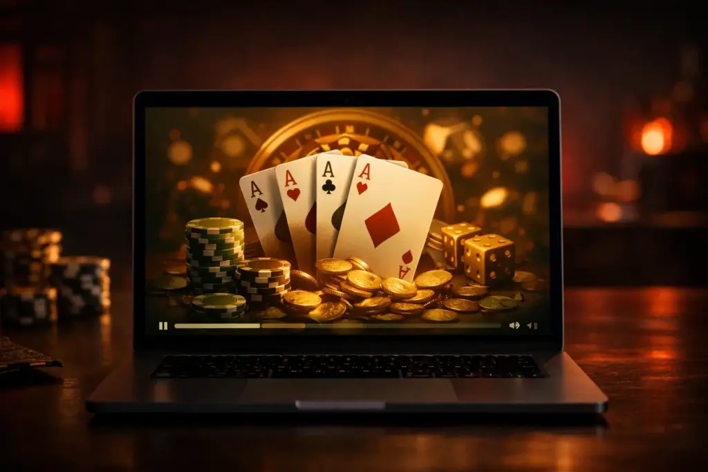 Laptop hiển thị khung video đang phát và thanh tiến trình