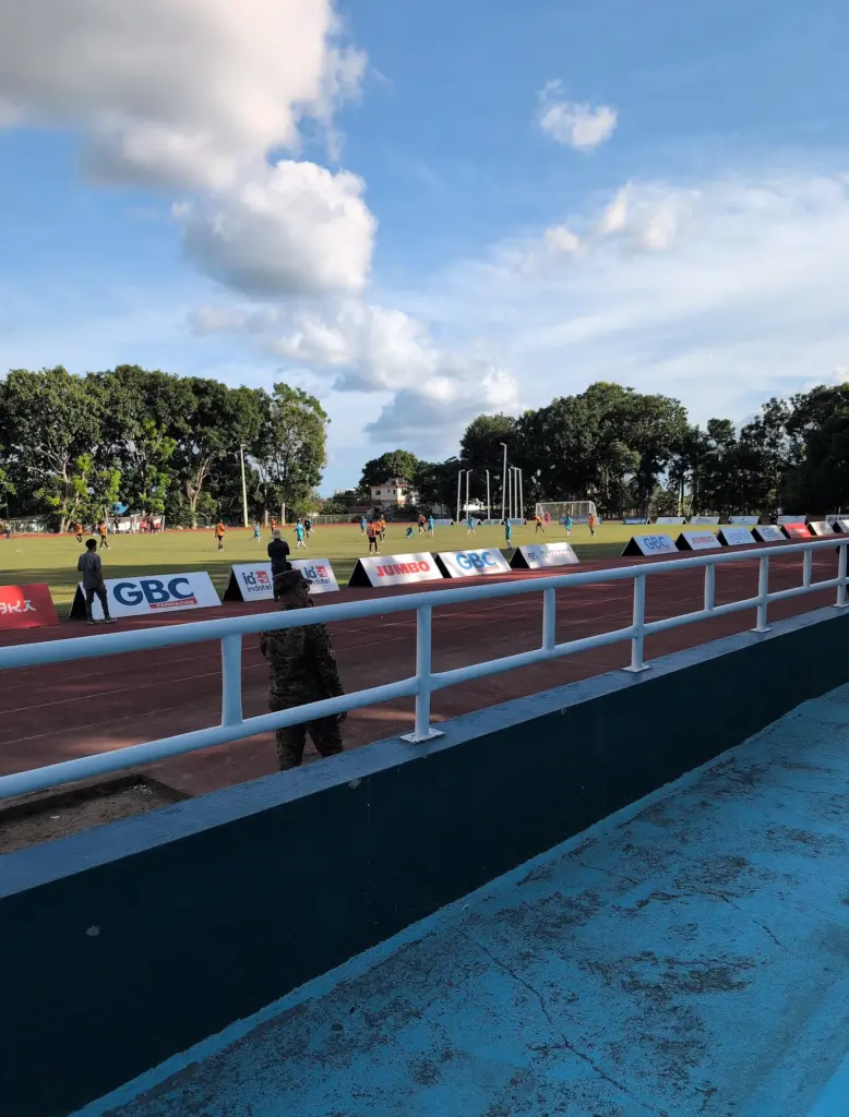 Sân cỏ bóng đá nhìn từ khán đài Domingo Polonia Stadium